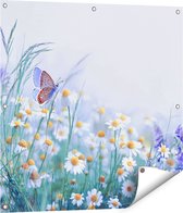 Gards Tuinposter Witte Kamille Bloemen met een Vlinder - 80x80 cm - Tuindoek - Tuindecoratie - Wanddecoratie buiten - Tuinschilderij