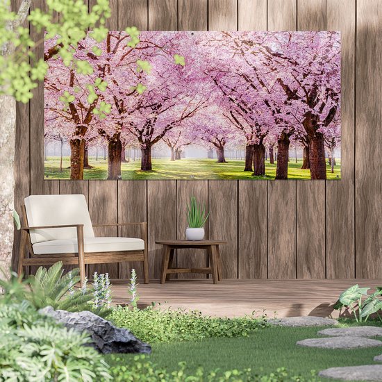 Gards Affiche jardin Pink Blossom Trees Park - Fleurs - 200x100 cm - Toile jardin - Décoration de jardin - Décoration murale extérieur - Tableau jardin