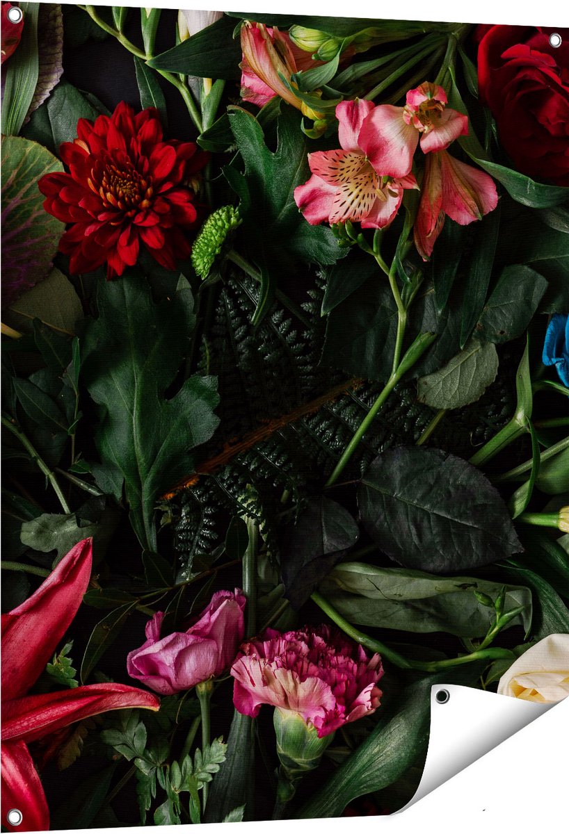 Gards Tuinposter Kleurrijke Bloemen met Groene Bladeren - 80x100 cm - Tuindoek - Tuindecoratie - Wanddecoratie buiten - Tuinschilderij Multikleur