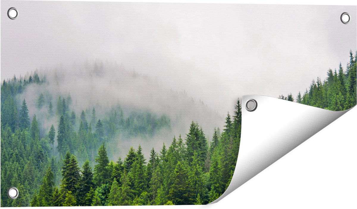 Gards Tuinposter Groen Bos met Bomen tijdens de Mist - 60x30 cm - Tuindoek - Tuindecoratie - Wanddecoratie buiten - Tuinschilderij Multikleur