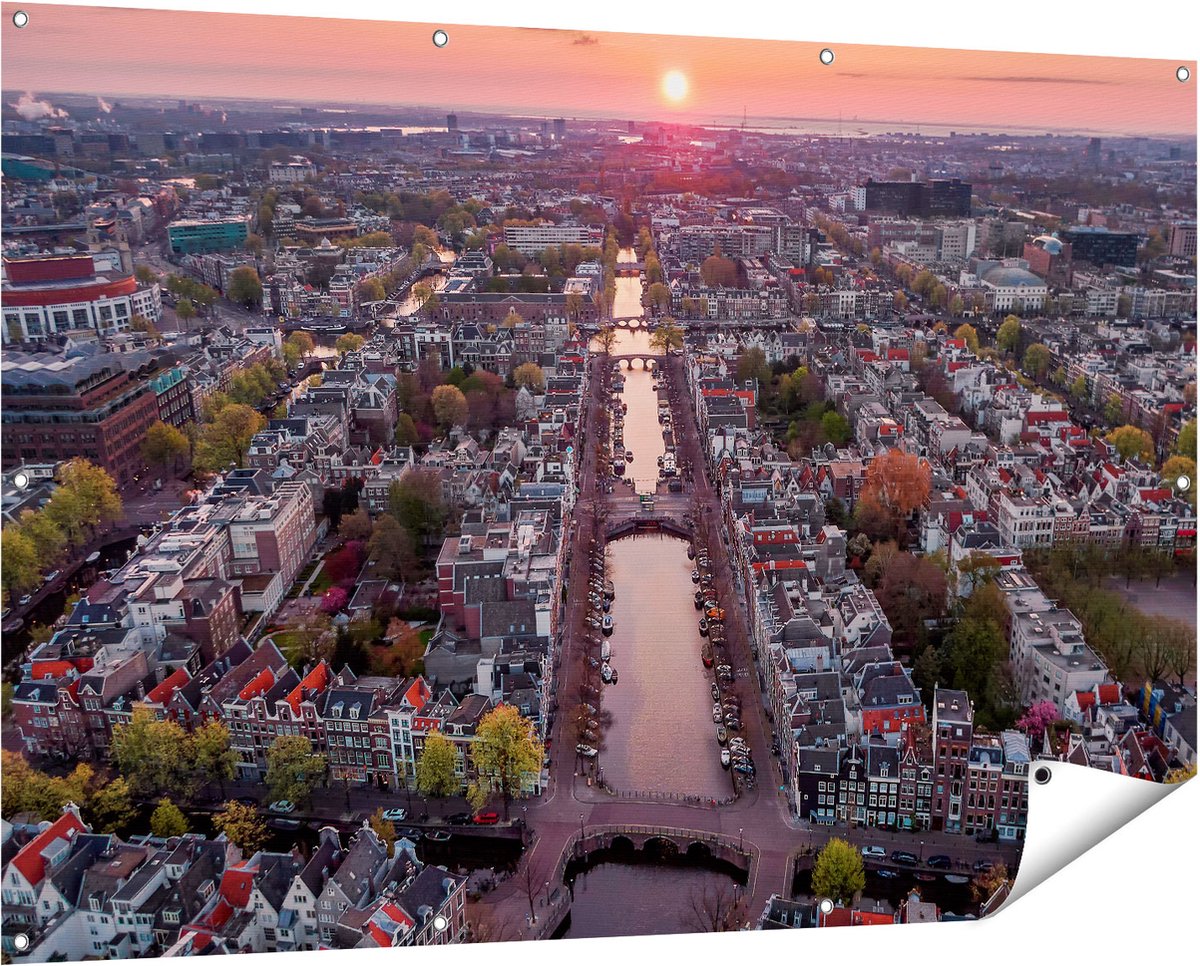 Gards Tuinposter Bovenaanzicht Amsterdam met Zonsondergang - 150x100 cm - Tuindoek - Tuindecoratie - Wanddecoratie buiten - Tuinschilderij Multikleur