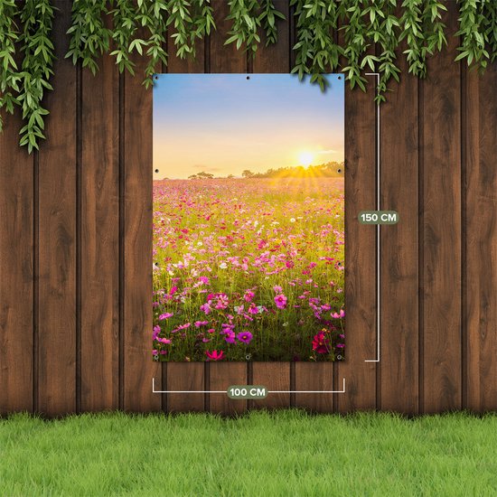 Gards Affiche de jardin Champ de fleurs avec Kosmos rose - 100x150 cm - Toile jardin - Décoration de jardin - Décoration murale extérieur - Tableau jardin