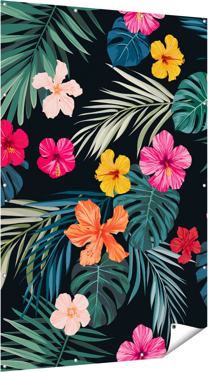 Gards Tuinposter Getekende Tropische Bloemen - Abstract - 120x180 cm - Tuindoek - Tuindecoratie - Wanddecoratie buiten - Tuinschilderij Multikleur