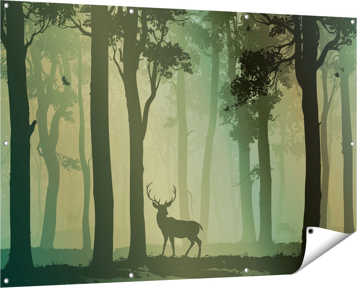 Gards Tuinposter Hert in het Bos - Silhouet - 150x100 cm - Tuindoek - Tuindecoratie - Wanddecoratie buiten - Tuinschilderij Multikleur