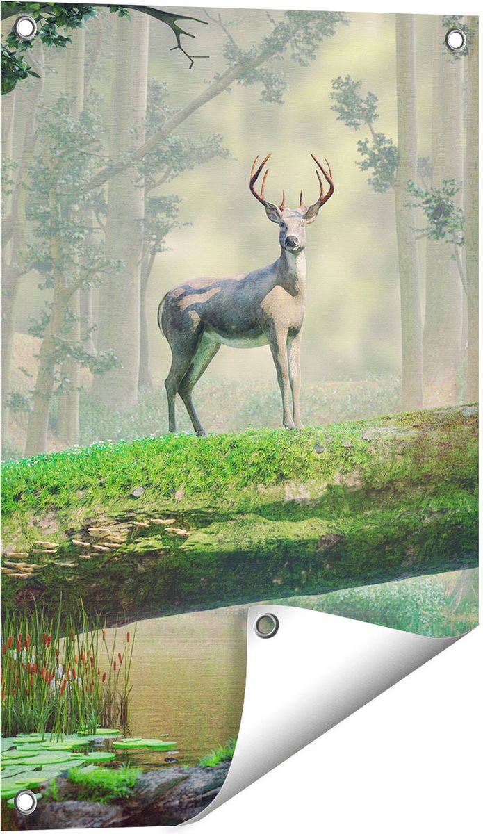 Gards Tuinposter Hert in het Bos op een Boom - 40x60 cm - Tuindoek - Tuindecoratie - Wanddecoratie buiten - Tuinschilderij Multikleur