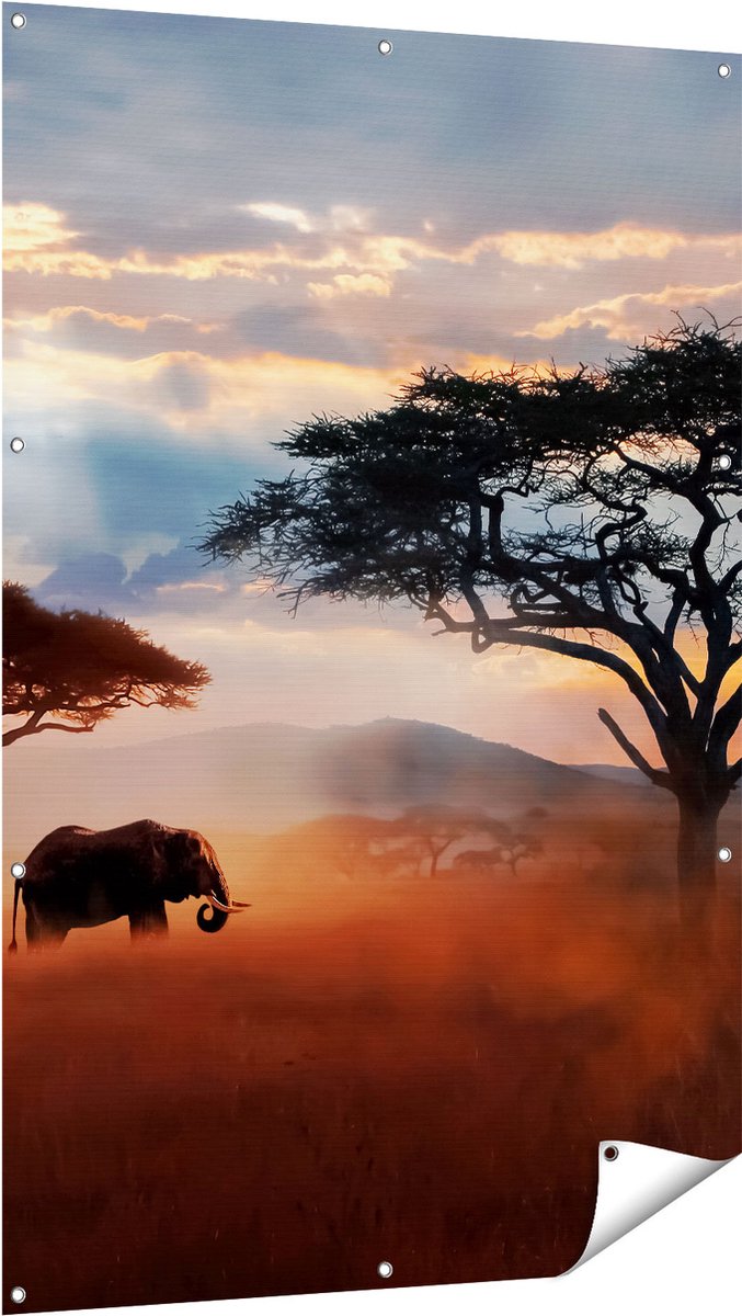 Gards Tuinposter Olifant in het Wild - Savanne - 100x150 cm - Tuindoek - Tuindecoratie - Wanddecoratie buiten - Tuinschilderij Multikleur
