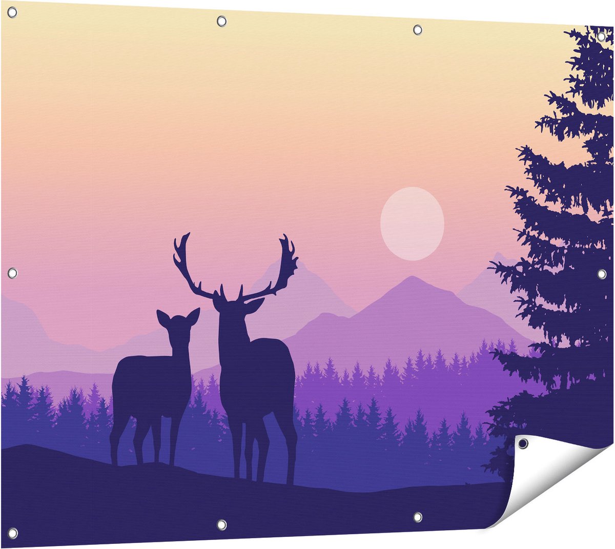 Gards Tuinposter Twee Herten - Zonsondergang - Silhouet - 120x90 cm - Tuindoek - Tuindecoratie - Wanddecoratie buiten - Tuinschilderij Multikleur