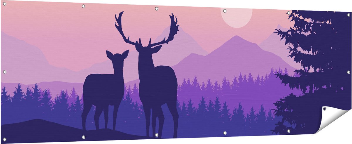 Gards Tuinposter Twee Herten - Zonsondergang - Silhouet - 210x70 cm - Tuindoek - Tuindecoratie - Wanddecoratie buiten - Tuinschilderij Multikleur