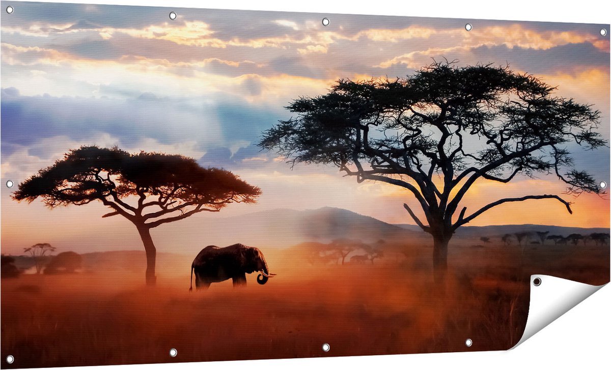 Gards Tuinposter Olifant in het Wild - Savanne - 160x80 cm - Tuindoek - Tuindecoratie - Wanddecoratie buiten - Tuinschilderij Multikleur