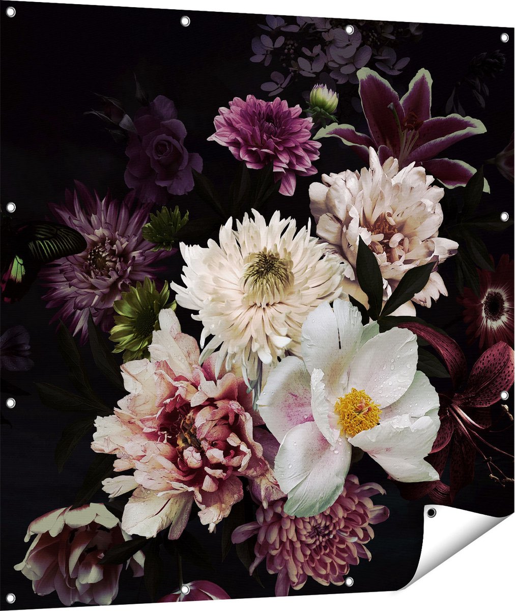 Gards Tuinposter Diverse Bloemen op Zwart Achtergrond - 110x110 cm - Tuindoek - Tuindecoratie - Wanddecoratie buiten - Tuinschilderij Multikleur