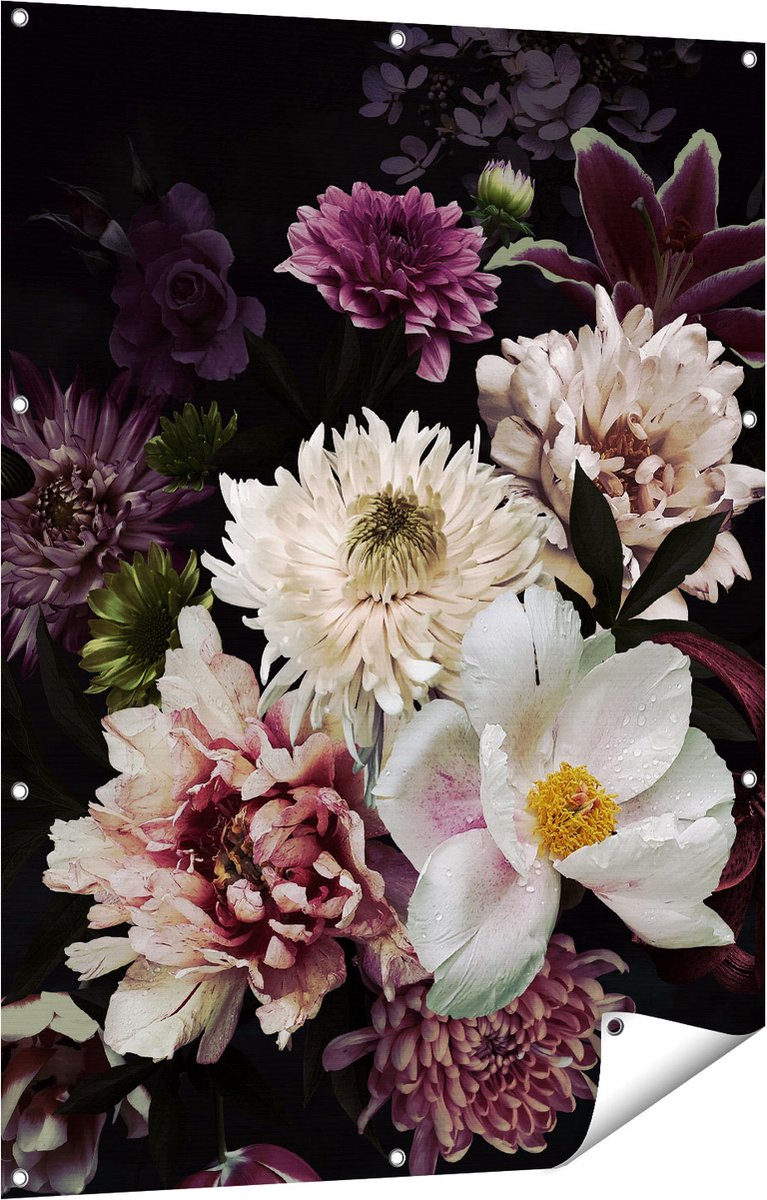 Gards Tuinposter Diverse Bloemen op Zwart Achtergrond - 90x120 cm - Tuindoek - Tuindecoratie - Wanddecoratie buiten - Tuinschilderij Multikleur