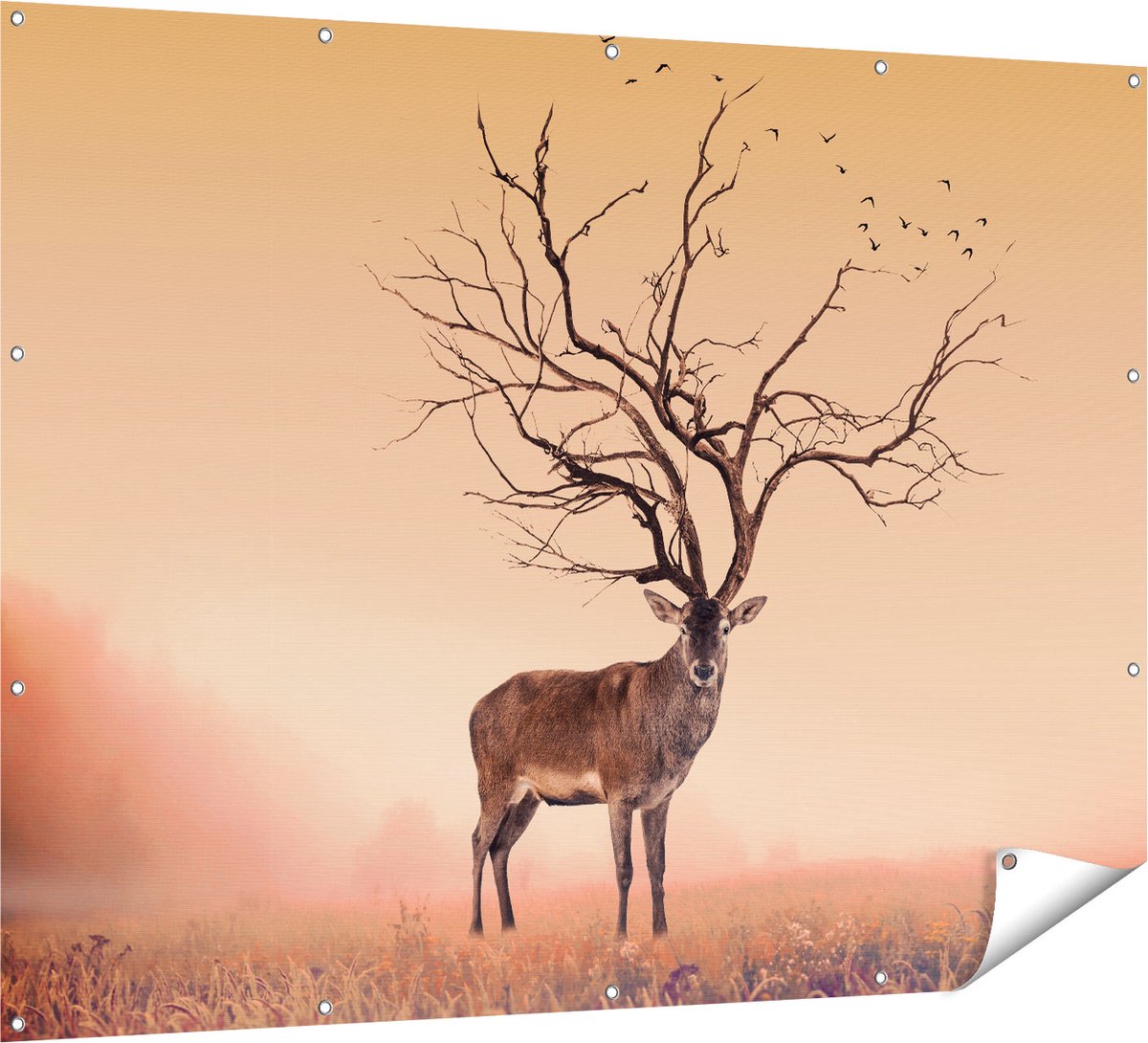 Gards Tuinposter Hert met een Bomen Gewei - 160x120 cm - Tuindoek - Tuindecoratie - Wanddecoratie buiten - Tuinschilderij Multikleur