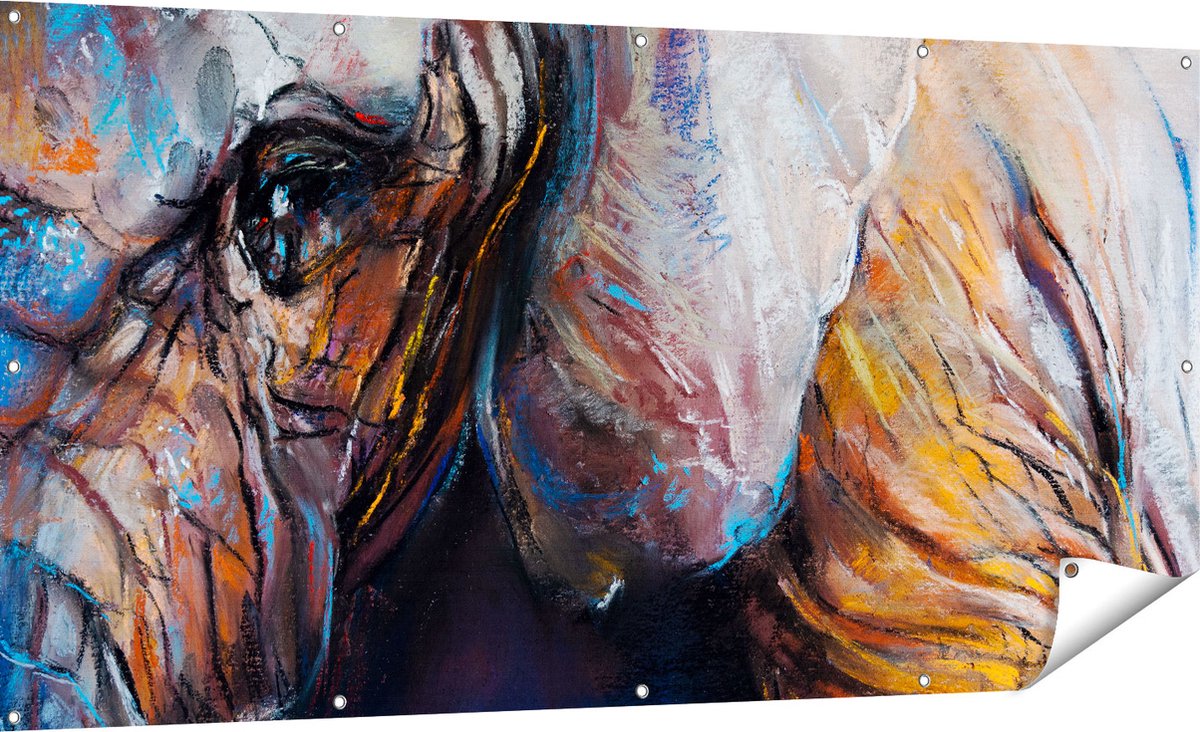 Gards Tuinposter Getekende Olifant van Dichtbij - Abstract - 180x90 cm - Tuindoek - Tuindecoratie - Wanddecoratie buiten - Tuinschilderij Multikleur