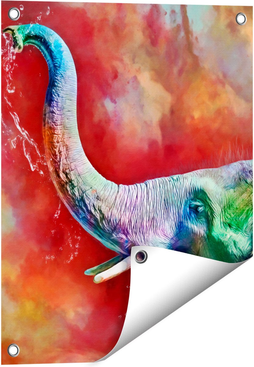 Gards Tuinposter Getekende Vrolijke Olifant - Abstract - 40x50 cm - Tuindoek - Tuindecoratie - Wanddecoratie buiten - Tuinschilderij Multikleur