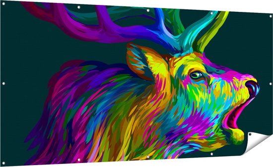 Gards Tuinposter Hertenkop - Hert - Abstract - Kleur - 200x100 cm - Tuindoek - Tuindecoratie - Wanddecoratie buiten - Tuinschilderij