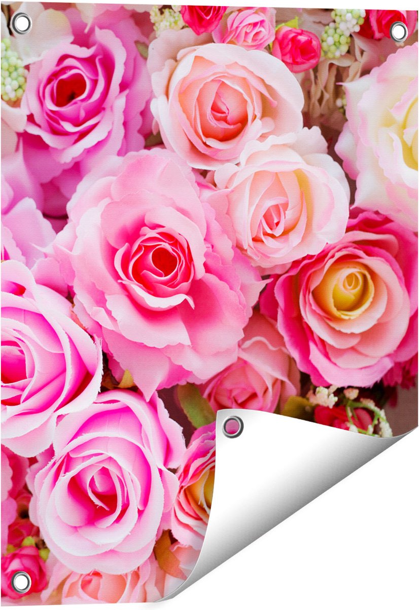 Gards Tuinposter Roze Rozen Achtergrond - Bloemen - 40x50 cm - Tuindoek - Tuindecoratie - Wanddecoratie buiten - Tuinschilderij Multikleur