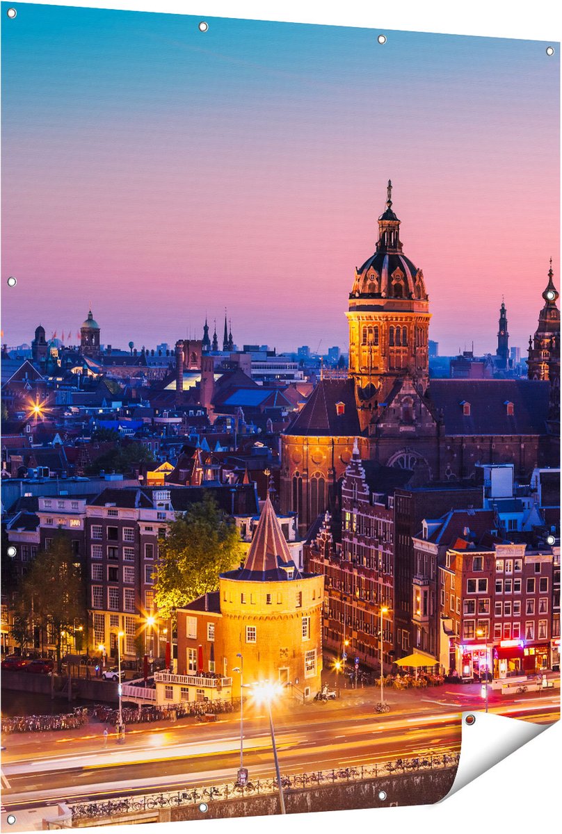 Gards Tuinposter Amsterdam Skyline bij Zonsondergang - 120x150 cm - Tuindoek - Tuindecoratie - Wanddecoratie buiten - Tuinschilderij Multikleur