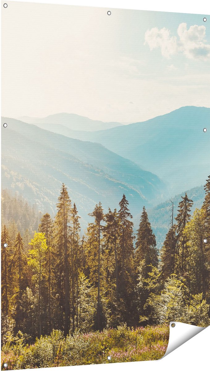 Gards Tuinposter Bos met Bomen in de Hoge Bergen - 100x150 cm - Tuindoek - Tuindecoratie - Wanddecoratie buiten - Tuinschilderij Multikleur