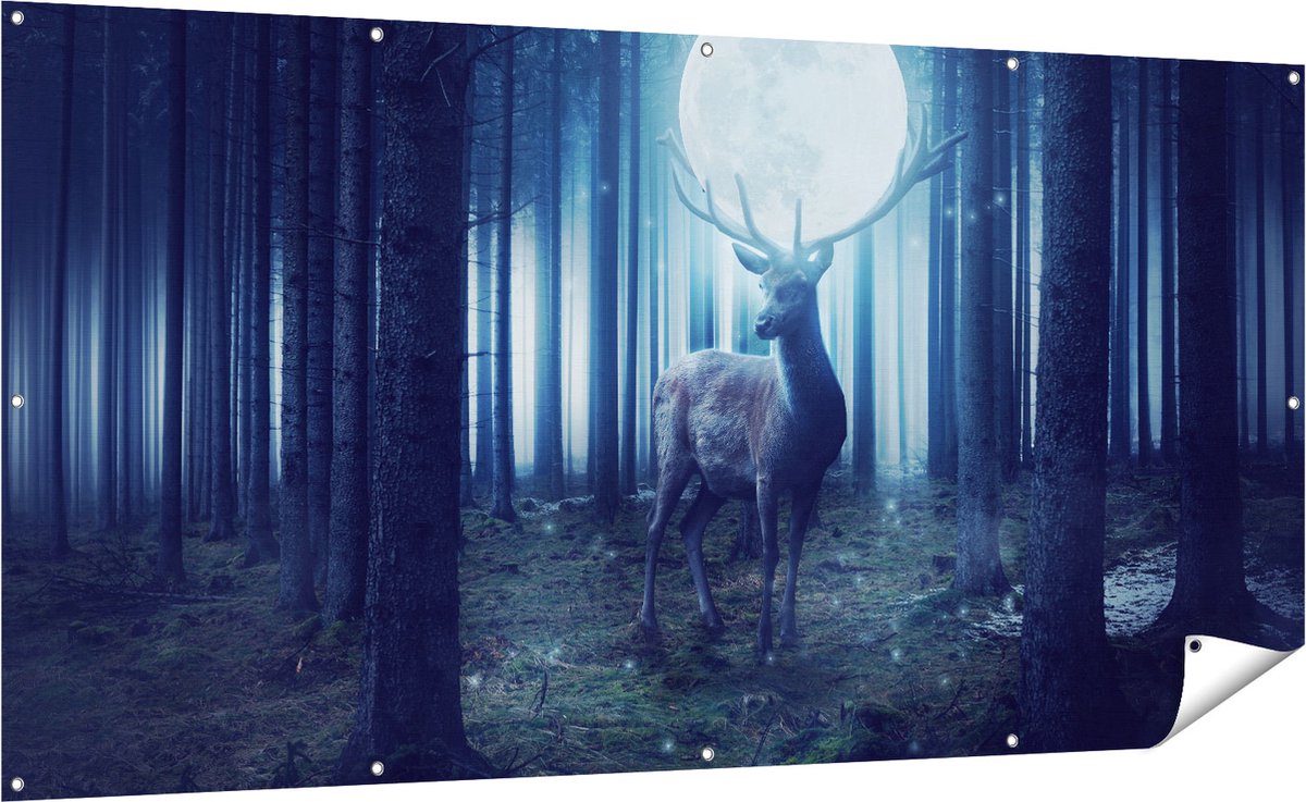 Gards Tuinposter Hert in het Bos tijdens Volle Maan - 200x100 cm - Tuindoek - Tuindecoratie - Wanddecoratie buiten - Tuinschilderij Multikleur