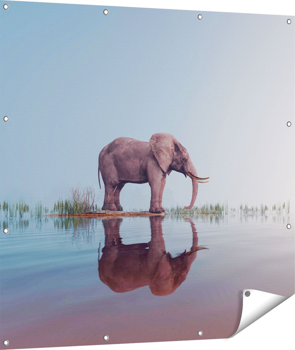 Gards Tuinposter Olifant bij het Water - 110x110 cm - Tuindoek - Tuindecoratie - Wanddecoratie buiten - Tuinschilderij Multikleur