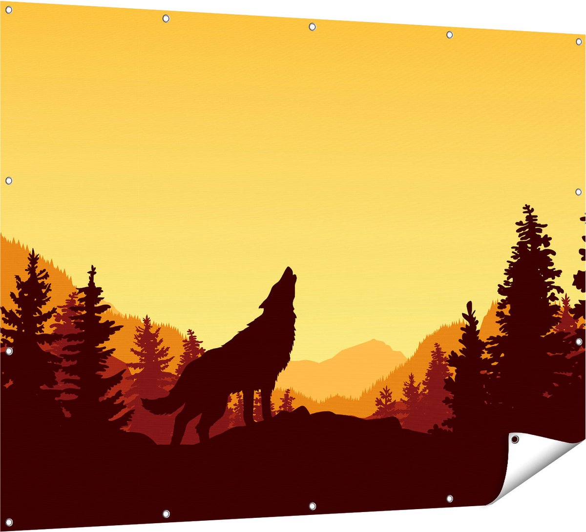 Gards Tuinposter Silhouet van een Wolf in het Bos - Abstract - 160x120 cm - Tuindoek - Tuindecoratie - Wanddecoratie buiten - Tuinschilderij Multikleur