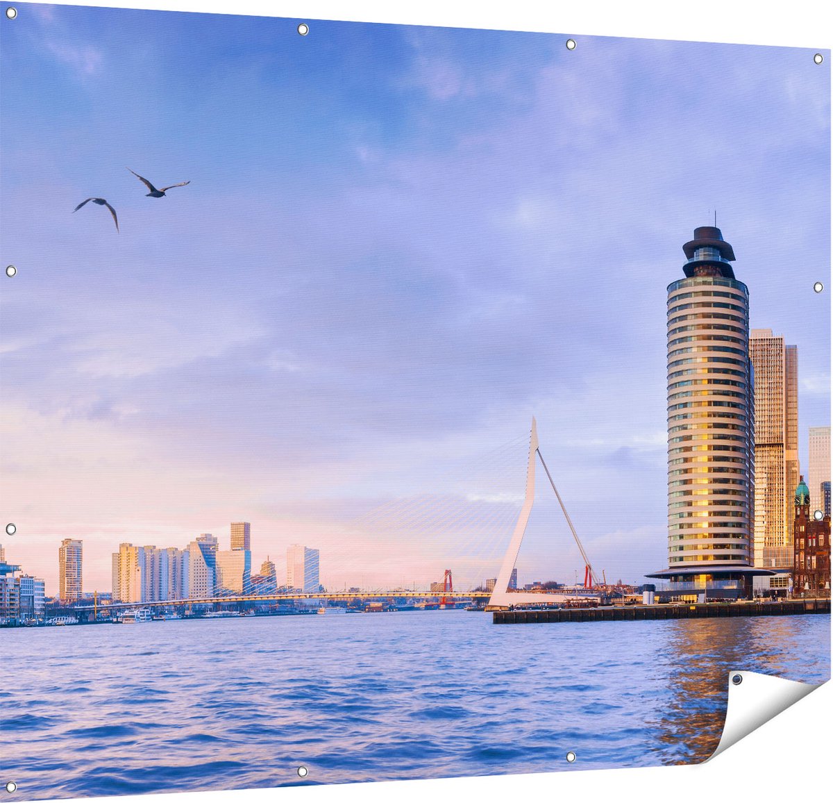 Gards Tuinposter Rotterdamse Skyline aan het Water - 150x120 cm - Tuindoek - Tuindecoratie - Wanddecoratie buiten - Tuinschilderij Multikleur