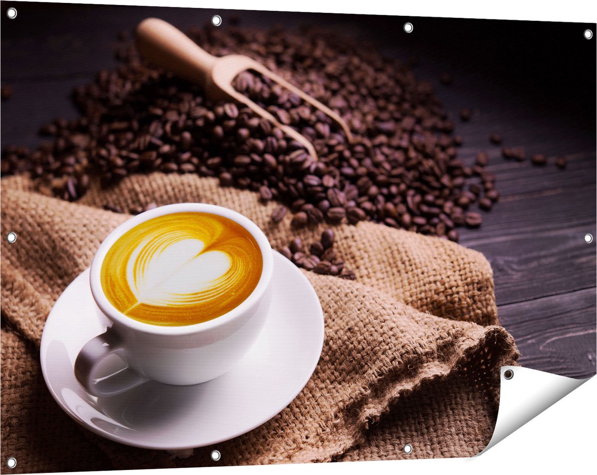 Gards Tuinposter Kopje Koffie in een Hartje met Koffiebonen - 120x80 cm - Tuindoek - Tuindecoratie - Wanddecoratie buiten - Tuinschilderij Multikleur