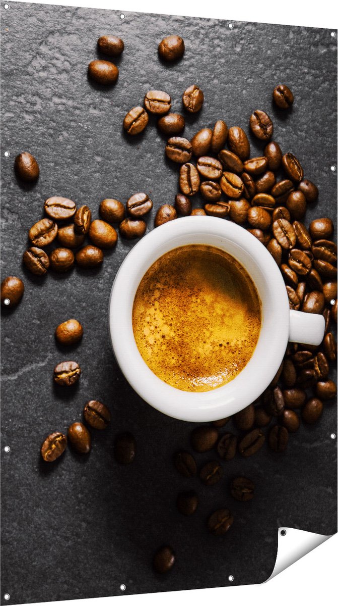 Gards Tuinposter Kopje Koffie met Koffiebonen - 120x180 cm - Tuindoek - Tuindecoratie - Wanddecoratie buiten - Tuinschilderij Multikleur