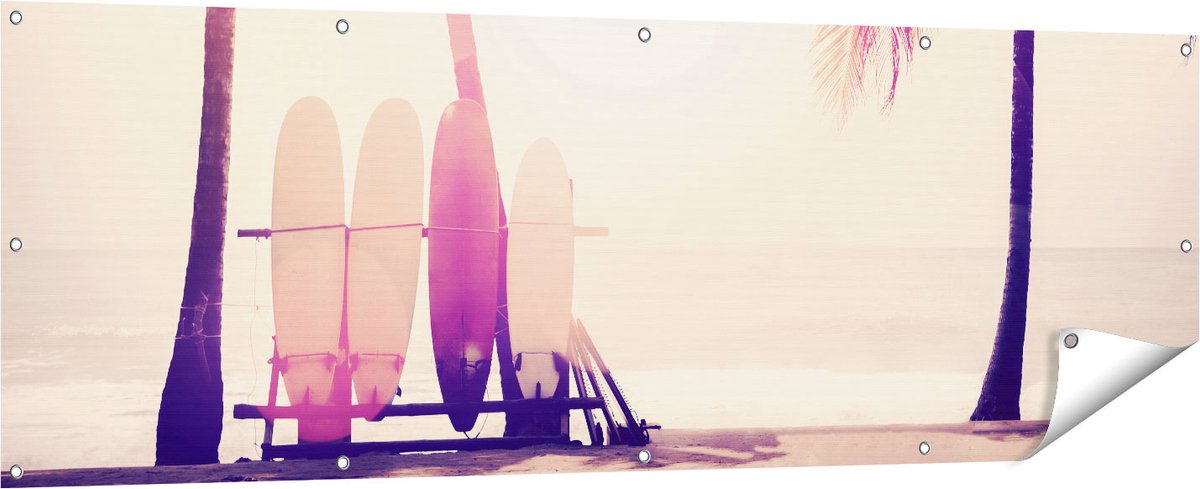 Gards Tuinposter Tropisch Strand met Surfborden - 180x60 cm - Tuindoek - Tuindecoratie - Wanddecoratie buiten - Tuinschilderij Multikleur