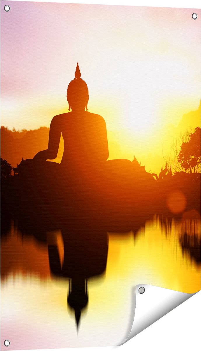 Gards Tuinposter Silhouet van Boeddha Beeld met Zonsondergang - 60x90 cm - Tuindoek - Tuindecoratie - Wanddecoratie buiten - Tuinschilderij Multikleur