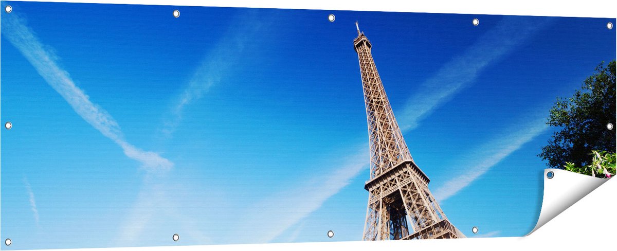 Gards Tuinposter Eiffeltoren in Parijs met Bloemen - 180x60 cm - Tuindoek - Tuindecoratie - Wanddecoratie buiten - Tuinschilderij Multikleur