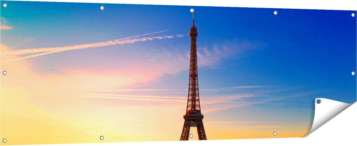 Gards Tuinposter Parijs Eiffeltoren tijdens de Zonsopkomst - 180x60 cm - Tuindoek - Tuindecoratie - Wanddecoratie buiten - Tuinschilderij Multikleur