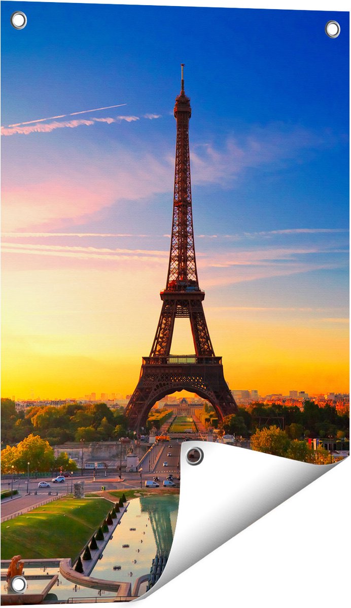 Gards Tuinposter Parijs Eiffeltoren tijdens de Zonsopkomst - 40x60 cm - Tuindoek - Tuindecoratie - Wanddecoratie buiten - Tuinschilderij Multikleur