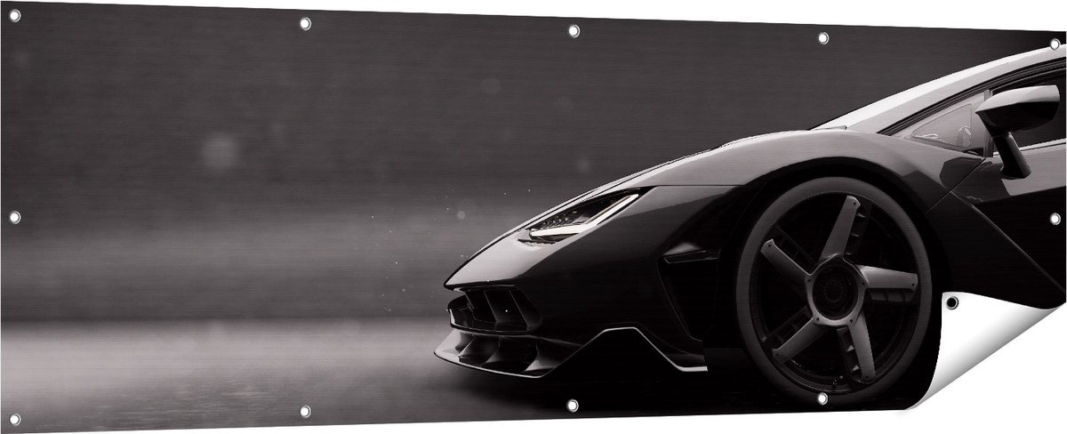 Gards Tuinposter Zijaanzicht Zwarte Sportwagen Auto - 180x60 cm - Tuindoek - Tuindecoratie - Wanddecoratie buiten - Tuinschilderij Multikleur