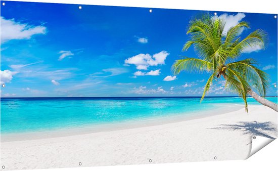 Gars Affiche de jardin Plage Tropicale avec Palmier - 200x100 cm - Toile jardin - Décoration de jardin - Décoration murale extérieur - Tableau jardin