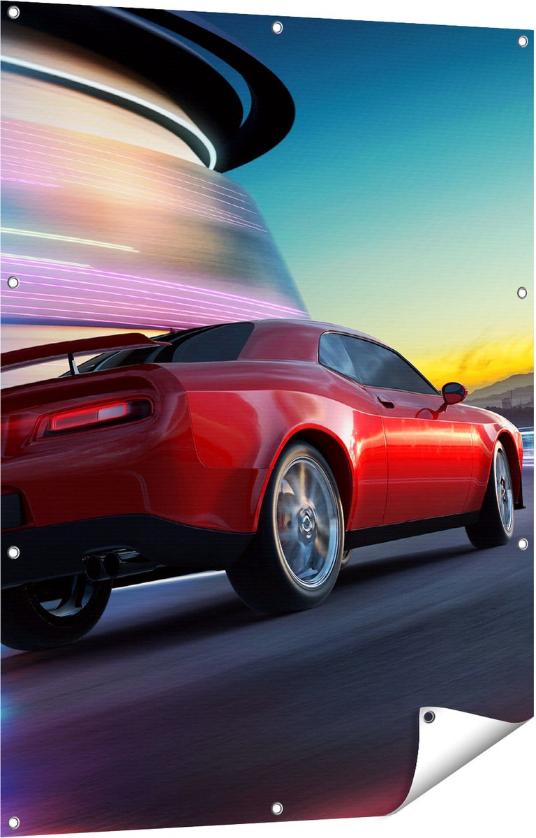 Gards Tuinposter Rode Sportwagen Auto in de Stad - 90x120 cm - Tuindoek - Tuindecoratie - Wanddecoratie buiten - Tuinschilderij Multikleur