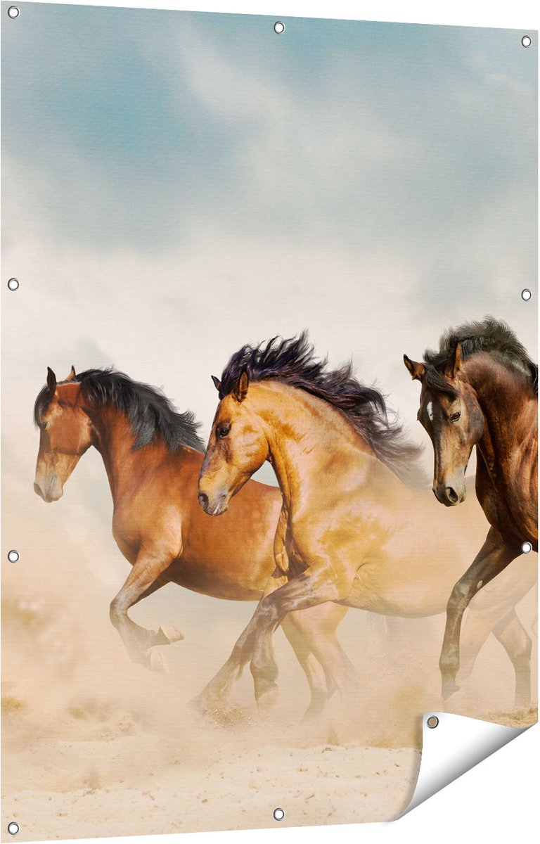 Gards Tuinposter Drie Bruine Paarden - 90x120 cm - Tuindoek - Tuindecoratie - Wanddecoratie buiten - Tuinschilderij Multikleur
