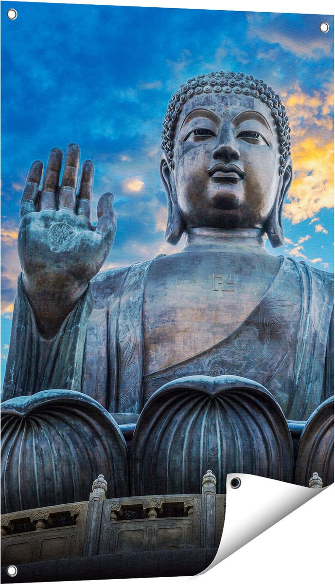 Gards Tuinposter Boeddha Beeld bij een Tempel - 60x90 cm - Tuindoek - Tuindecoratie - Wanddecoratie buiten - Tuinschilderij Multikleur