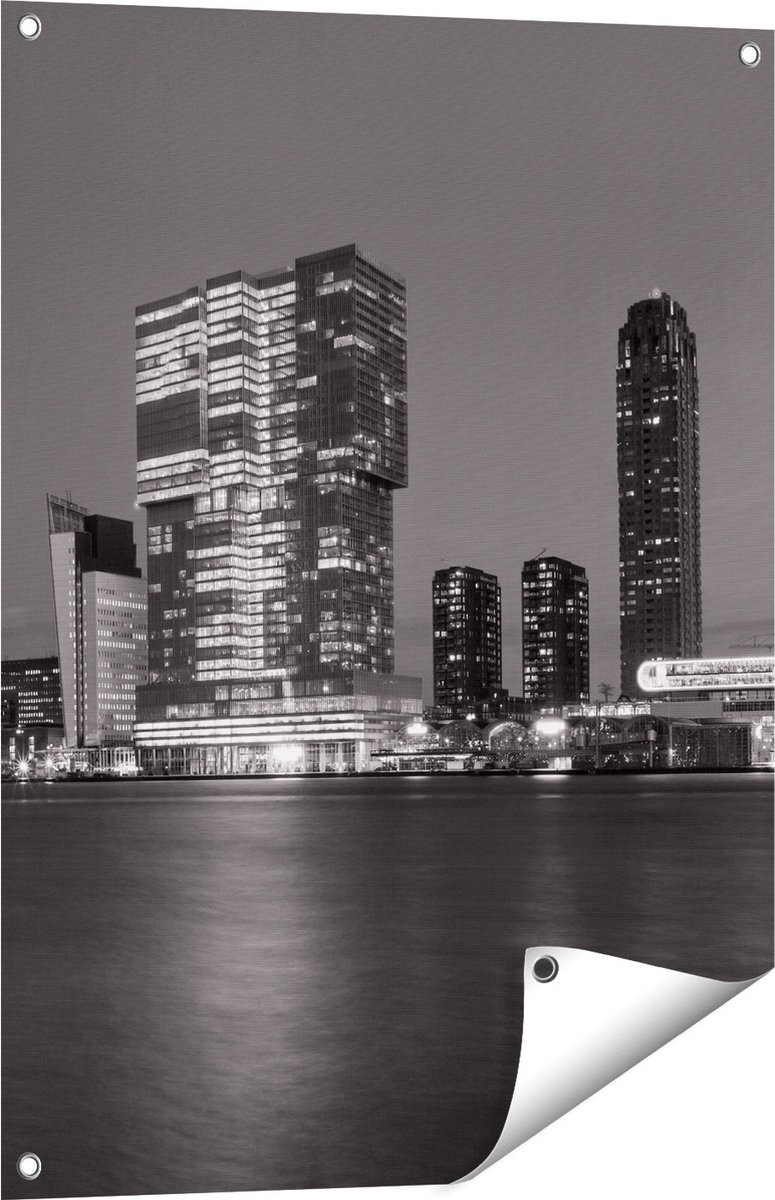 Gards Tuinposter Rotterdamse Skyline - Zwart Wit - 60x80 cm - Tuindoek - Tuindecoratie - Wanddecoratie buiten - Tuinschilderij Multikleur