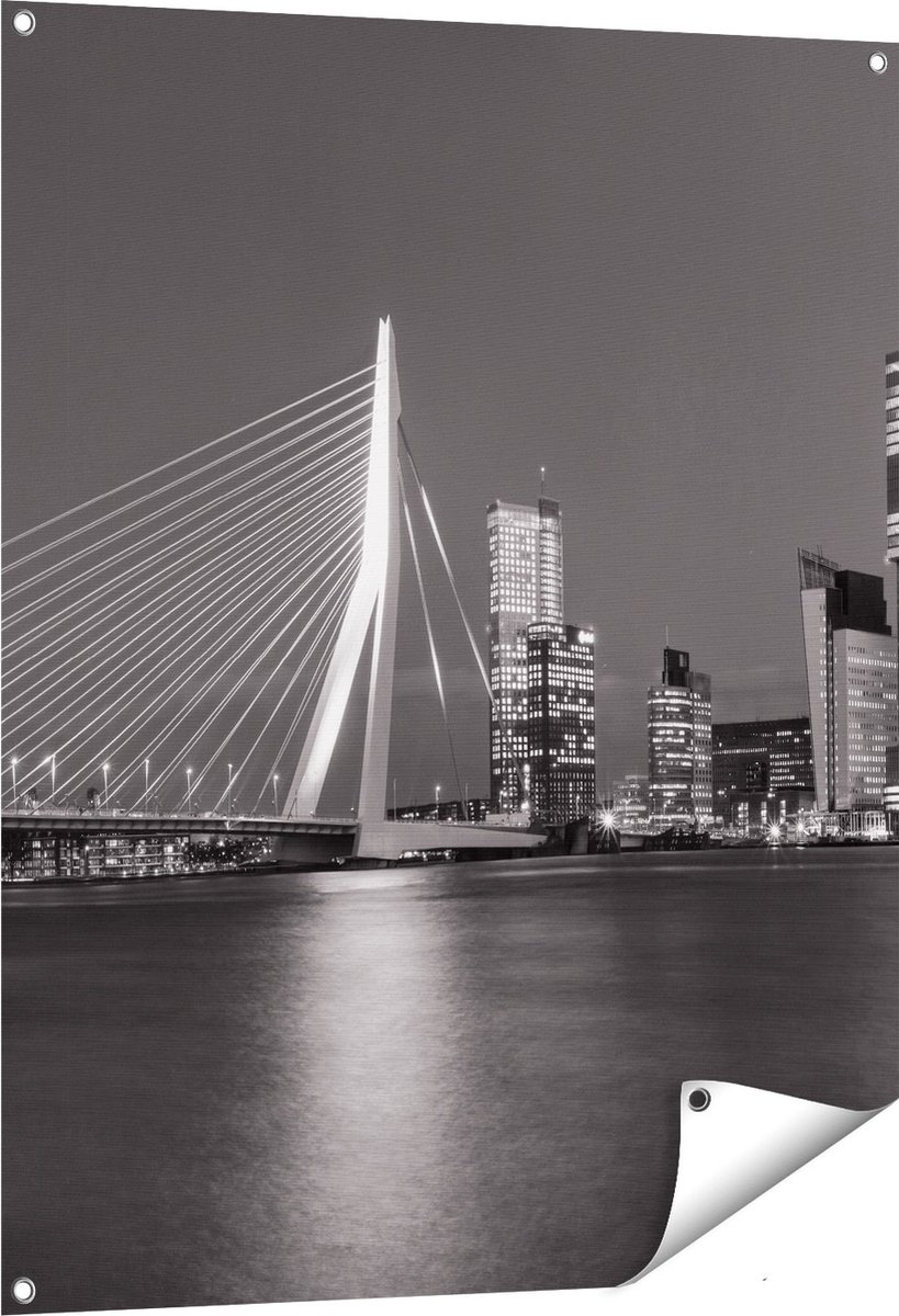 Gards Tuinposter Rotterdamse Skyline - Zwart Wit - 80x100 cm - Tuindoek - Tuindecoratie - Wanddecoratie buiten - Tuinschilderij Multikleur