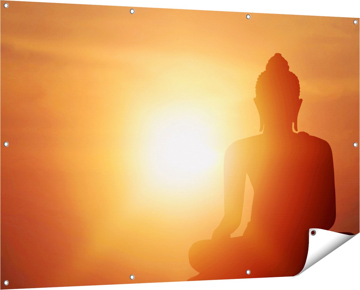 Gards Tuinposter Silhouet van een Boeddha Beeld met Zonsondergang - 150x100 cm - Tuindoek - Tuindecoratie - Wanddecoratie buiten - Tuinschilderij Multikleur