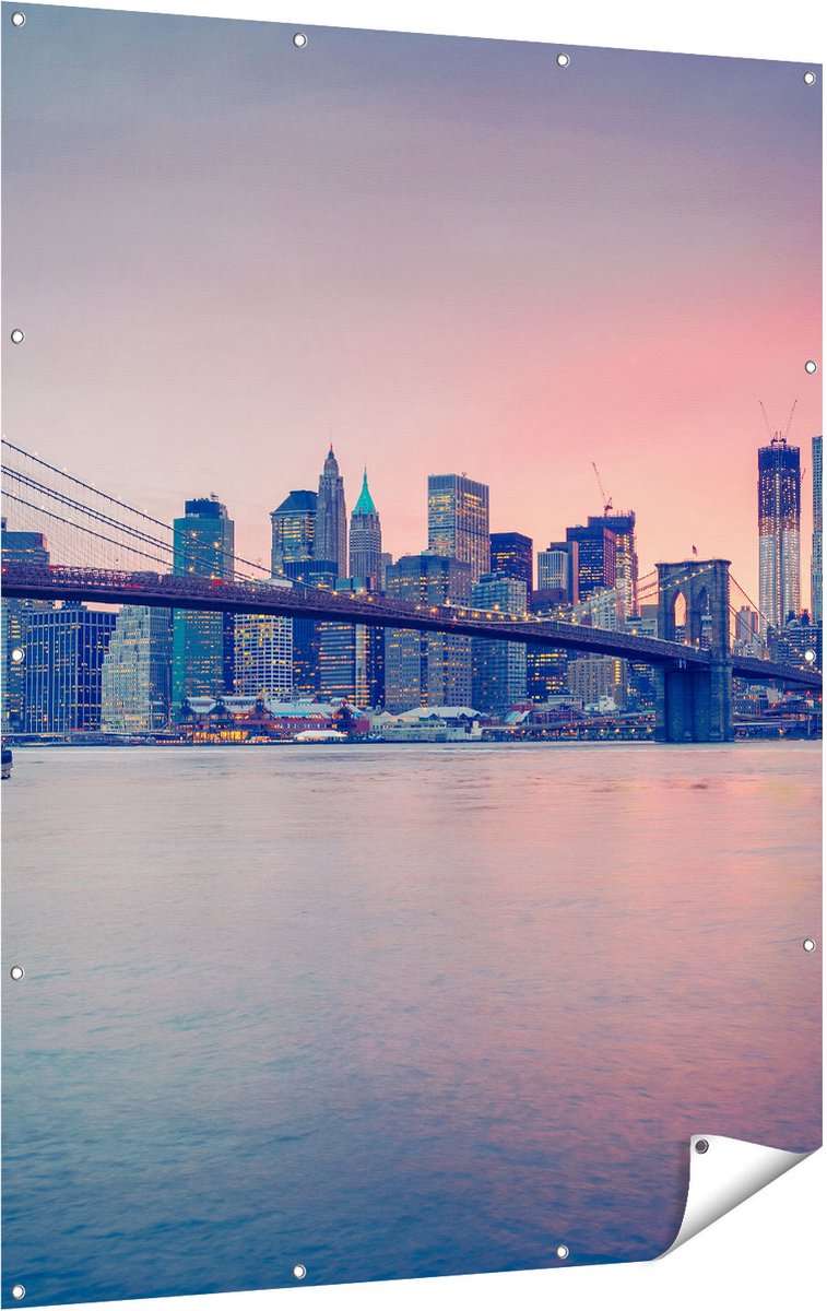 Gards Tuinposter New York Brooklyn Brug bij Zonsondergang - 120x160 cm - Tuindoek - Tuindecoratie - Wanddecoratie buiten - Tuinschilderij Multikleur