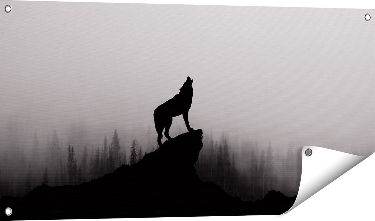 Gards Tuinposter Silhouet van een Huilende Wolf - Abstract - 100x50 cm - Tuindoek - Tuindecoratie - Wanddecoratie buiten - Tuinschilderij Multikleur