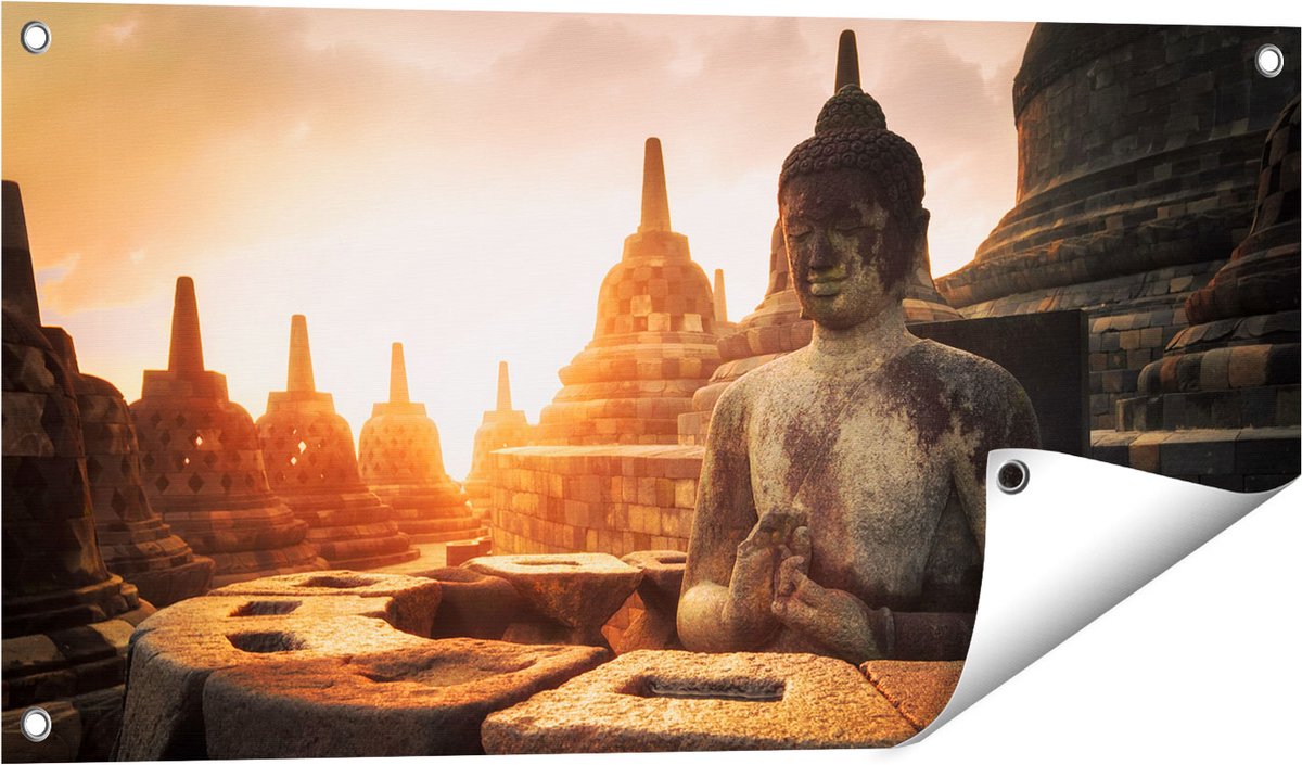 Gards Tuinposter Boeddha Beeld in een Tempel - 80x40 cm - Tuindoek - Tuindecoratie - Wanddecoratie buiten - Tuinschilderij Multikleur