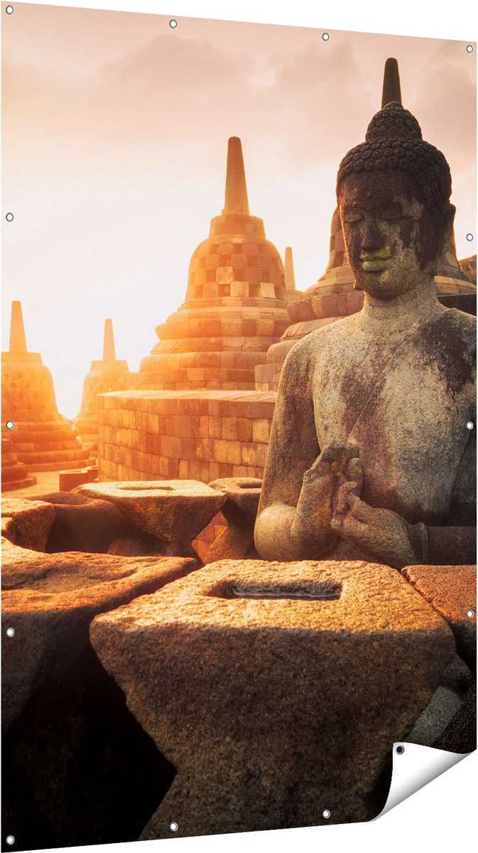 Gards Tuinposter Boeddha Beeld in een Tempel - 120x180 cm - Tuindoek - Tuindecoratie - Wanddecoratie buiten - Tuinschilderij Multikleur