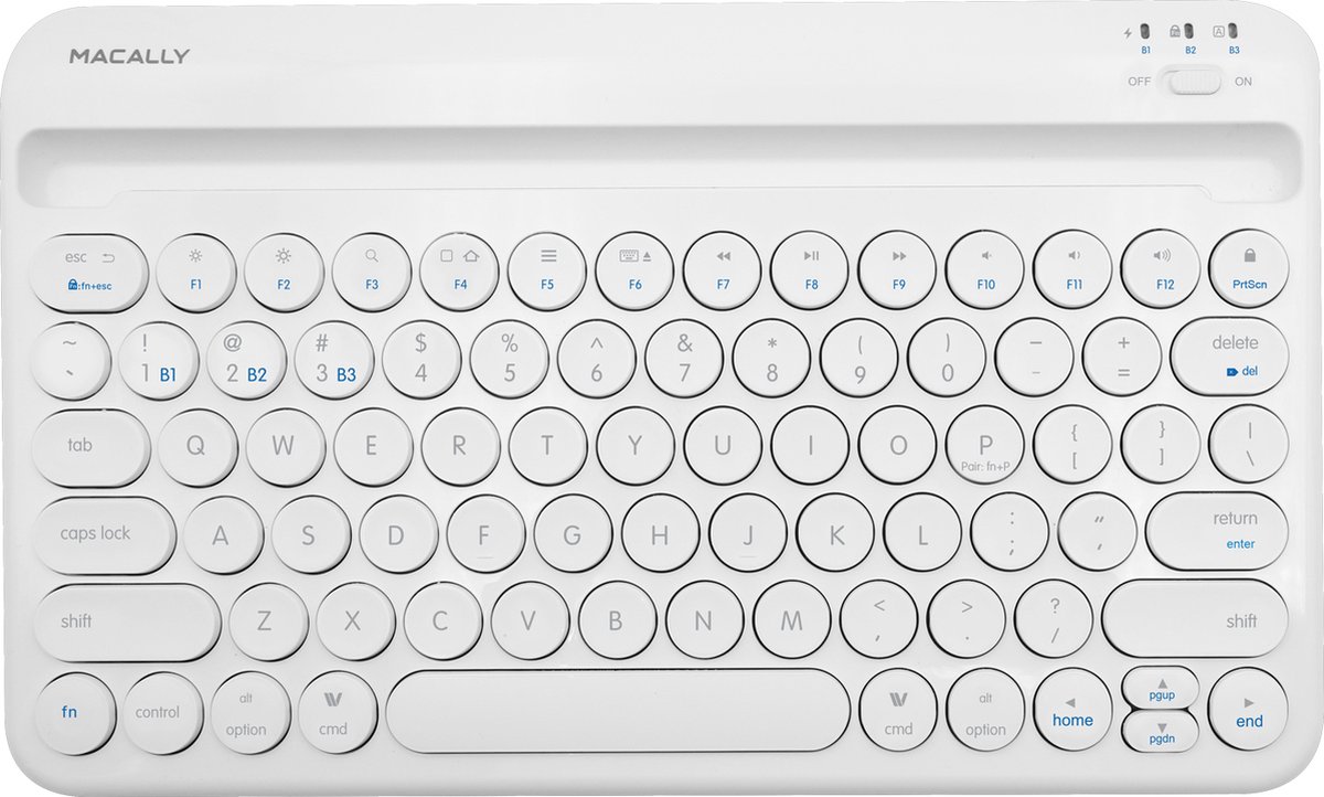Macally BTTABKEYBAT compact draadloos bluetooth-toetsenbord met geïntegreerde iPad/tablet-sleuf, oplaadbare batterij en multi device (tot 3 apparaten) ondersteuning - QWERTY - Wit