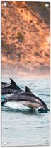 Tuinposter – Drie Synchroon Zwemmende Dolfijnen in de Zee - 30x90 cm Foto op Tuinposter (wanddecoratie voor buiten en binnen)