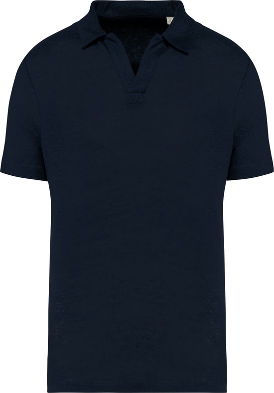 Vintage look linnen herenpolo met knooplijst Navy Blue - XXL