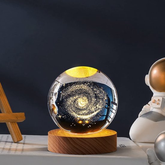 Vicloon 3D Kristallen Bal Lamp, LED Galaxy Planet Nachtlampje Met Houten Basis, 6cm Crystal Ball Voor Kinderen Slaapkamer, Warm Licht