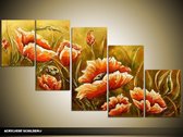 Schilderij -  Bloemen - Klaproos - Groen, Oranje - 150x70cm 5Luik - GroepArt - Handgeschilderd Schilderij - Canvas Schilderij - Wanddecoratie - Woonkamer - Slaapkamer - Geschilderd Door Onze Kunstenaars 2000+Collectie Maatwerk Mogelijk